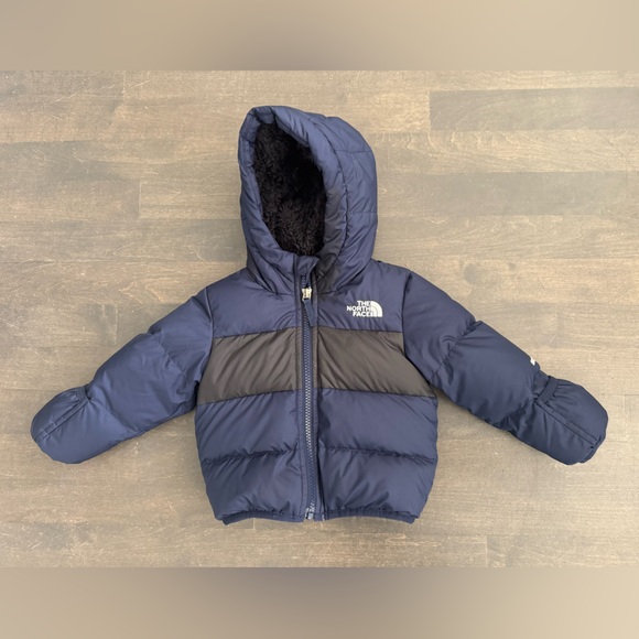 North Face - Fleece Lined Hooded Puffer Dark Blue and Black - Size 6-12 months - Picture 1 of 4